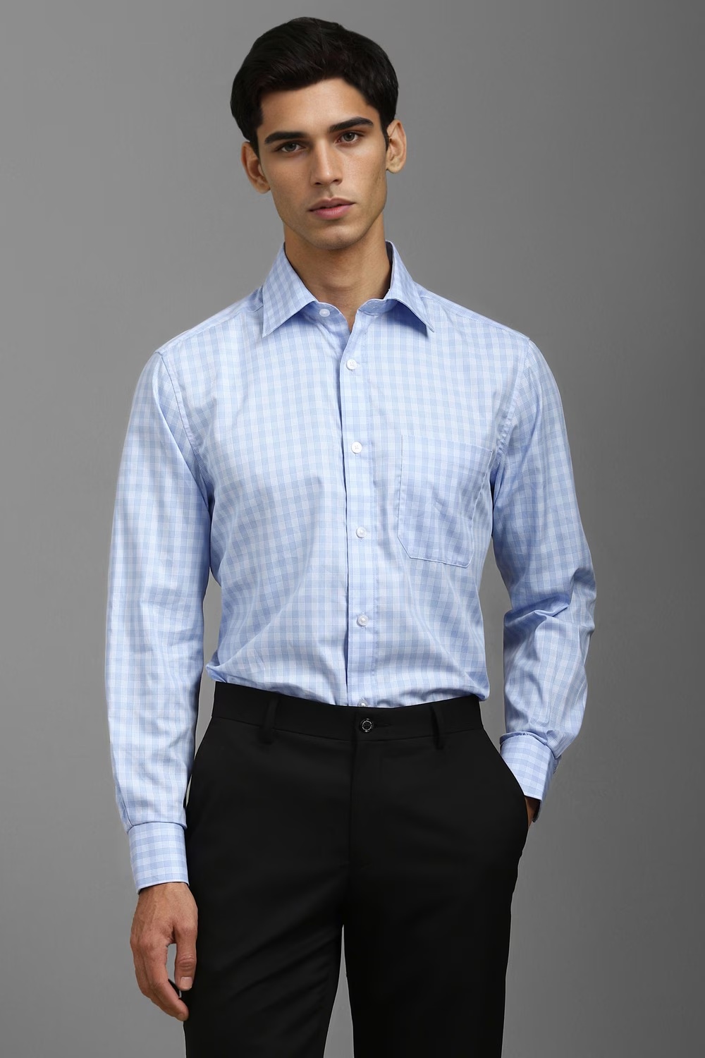 Men Light Blue Classic Fit Check Full Sleeves Formal Shirt-Light Blue