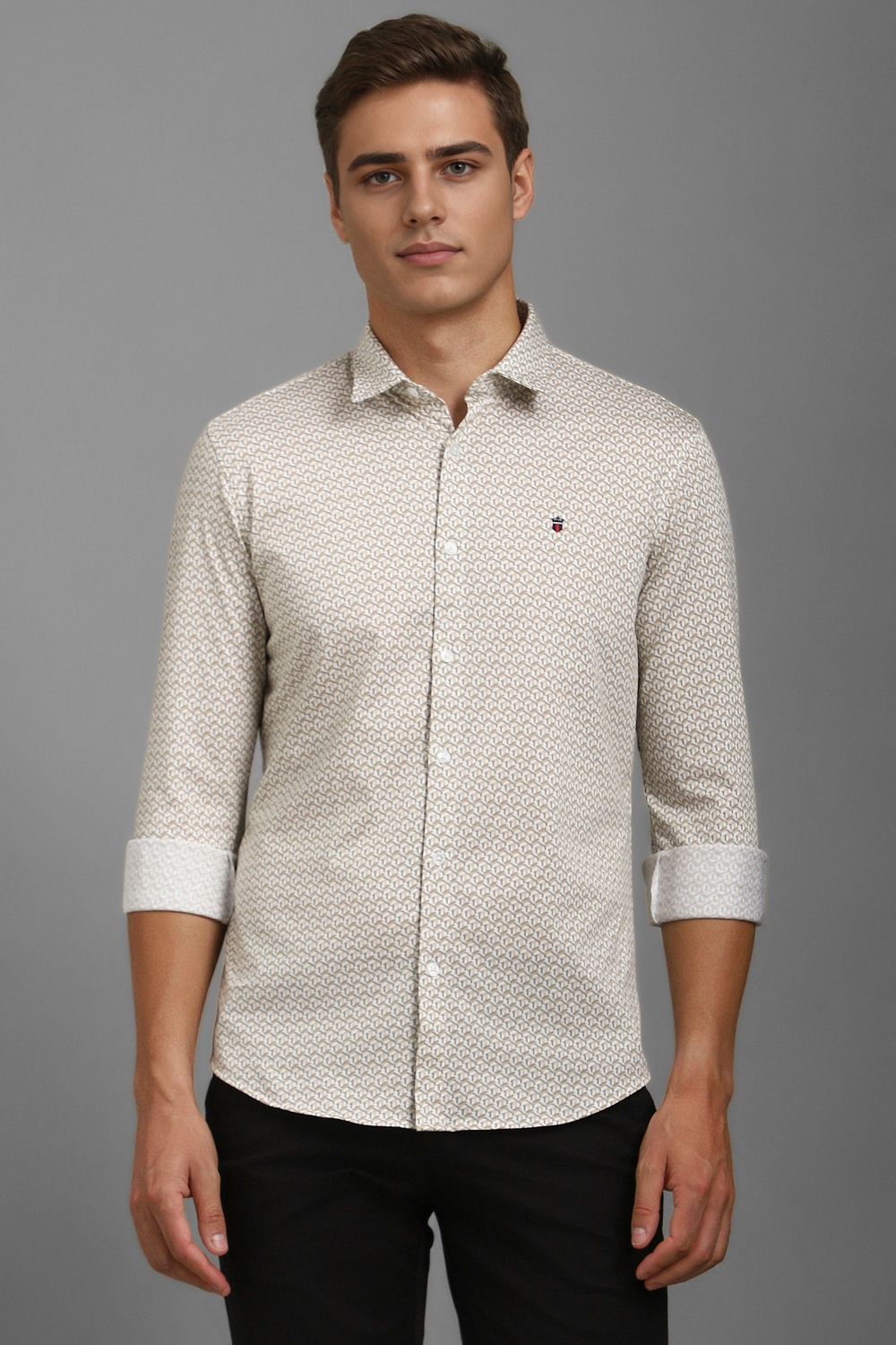 Men Beige Slim Fit Print Full Sleeves Casual Shirt-Beige