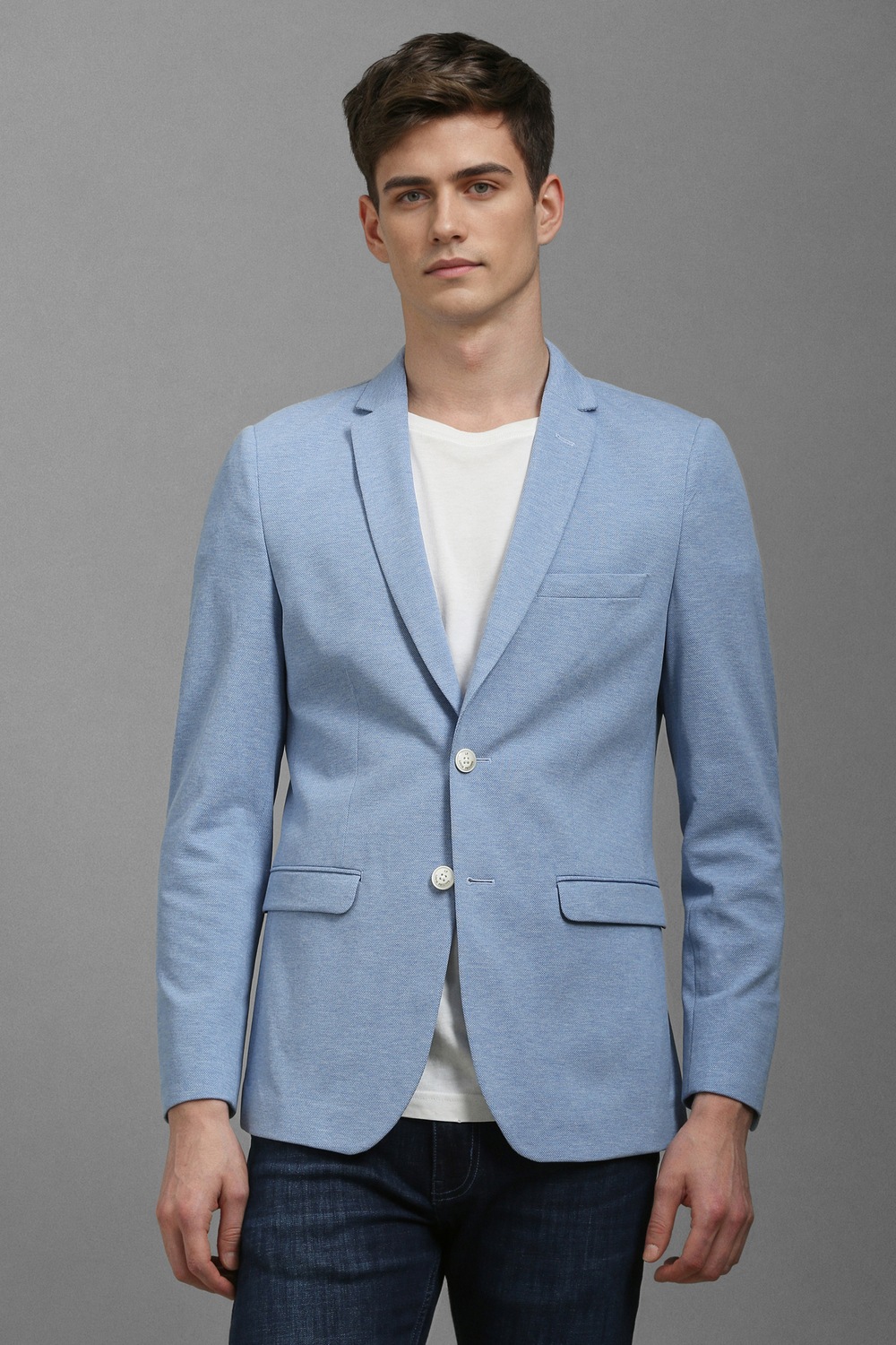 Men Blue Super Slim Fit Textured Casual Blazer-Blue