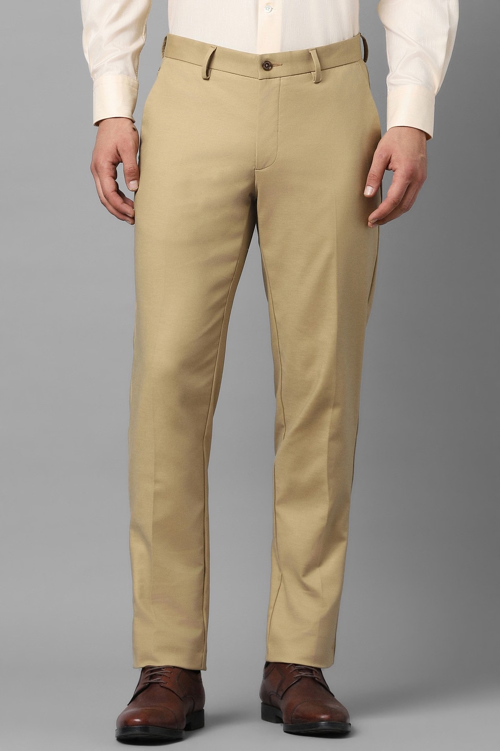 Men Beige Slim Fit Solid Flat Front Formal Trousers-Beige