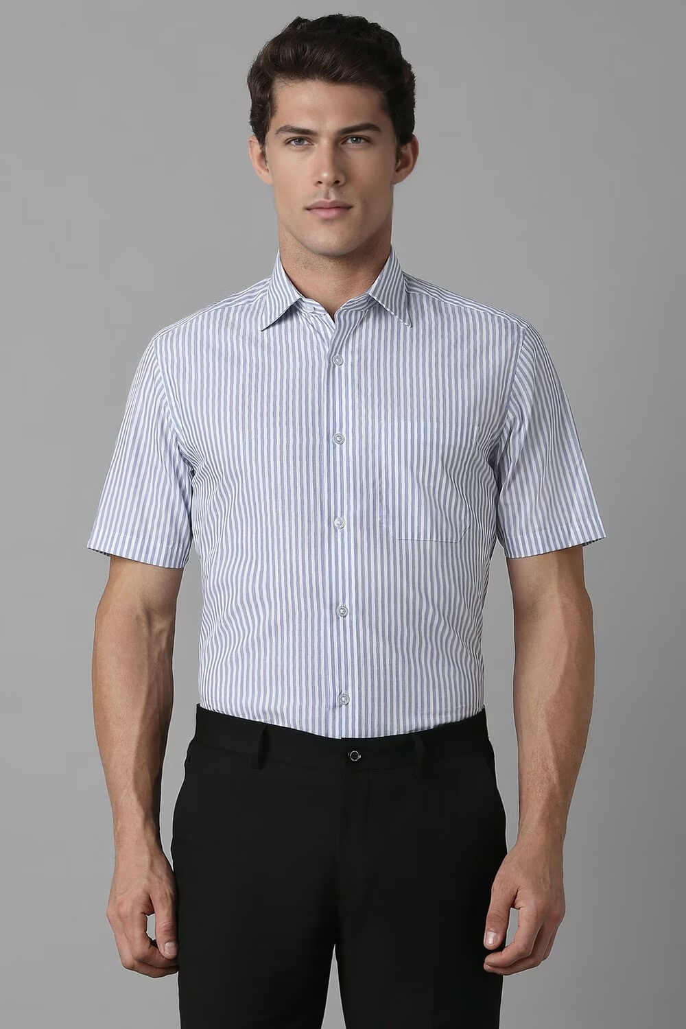 Men Blue Classic Fit Stripe Half Sleeves Formal Shirt-Blue