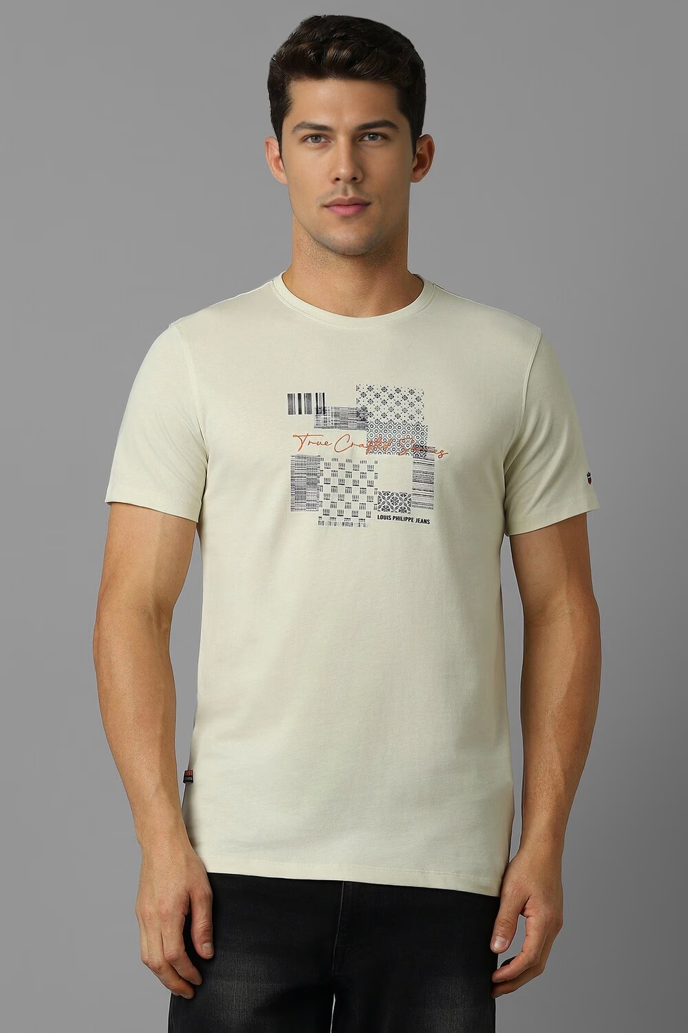 Men Cream Print Crew Neck T-shirt-Cream