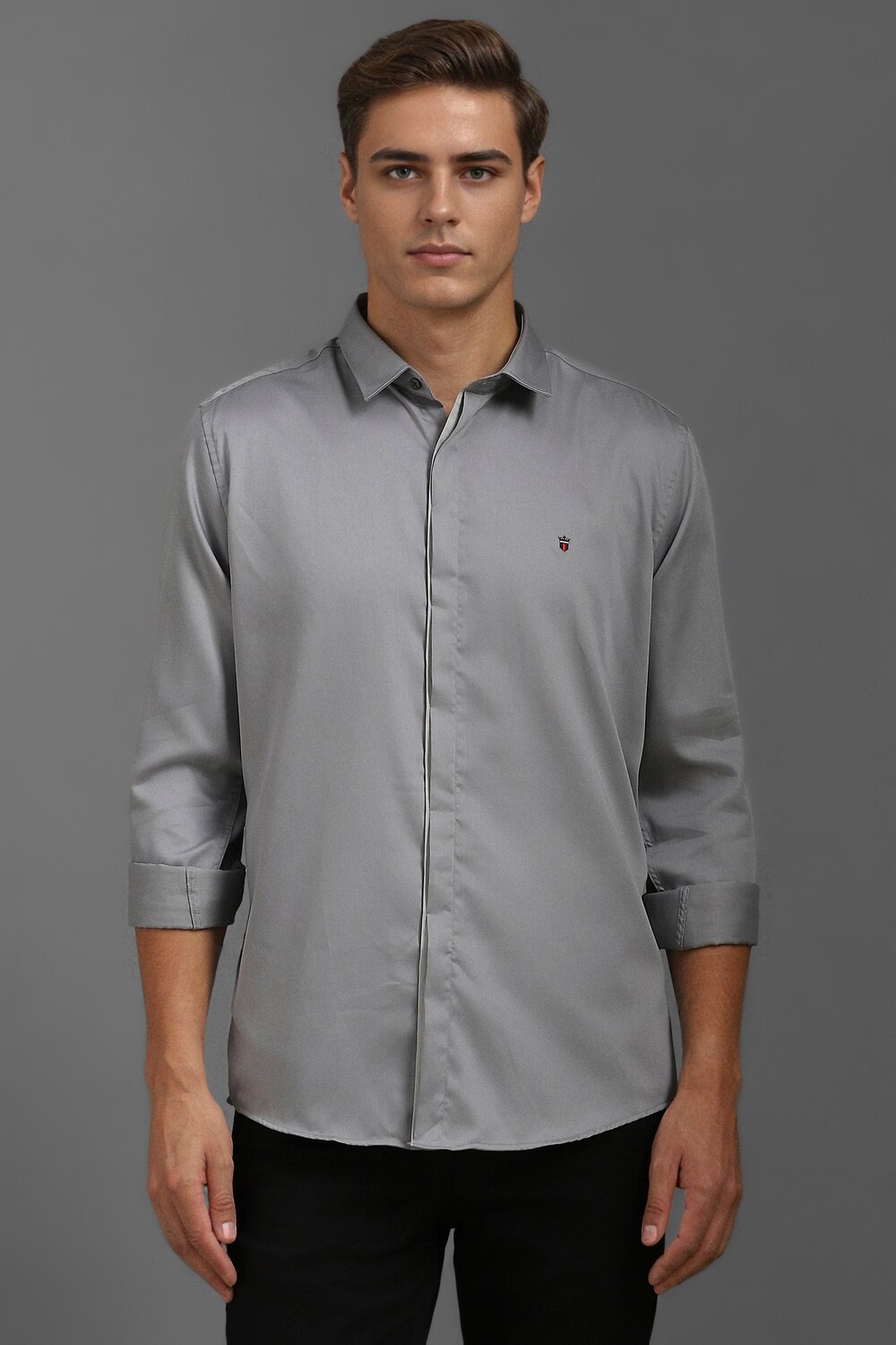 Men Grey Slim Fit Solid Full Sleeves Casual Shirt-Grey