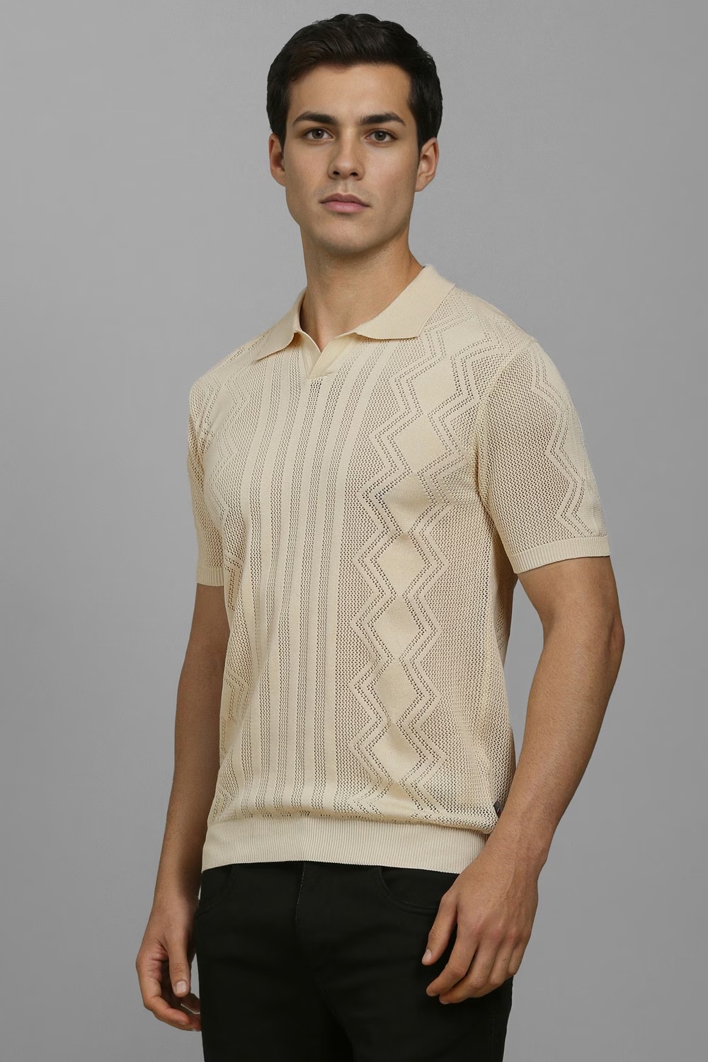 Men Beige Textured Polo Neck T-shirt-Beige