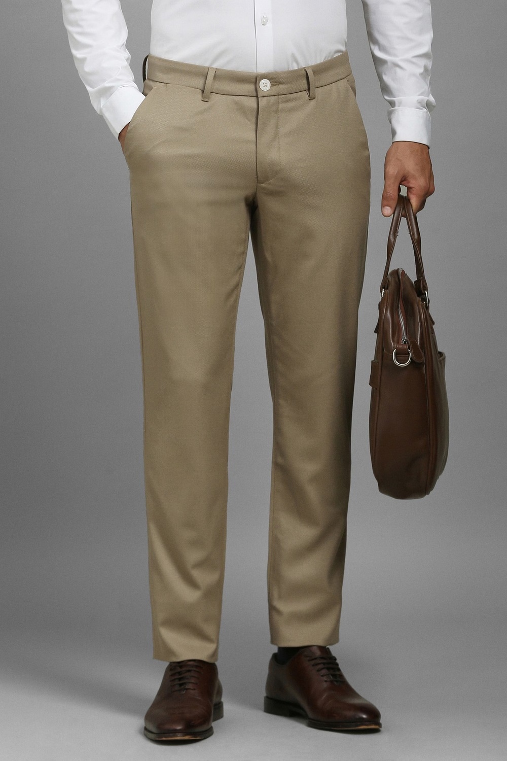 Men Beige Slim Fit Textured Flat Front Casual Trousers-Beige