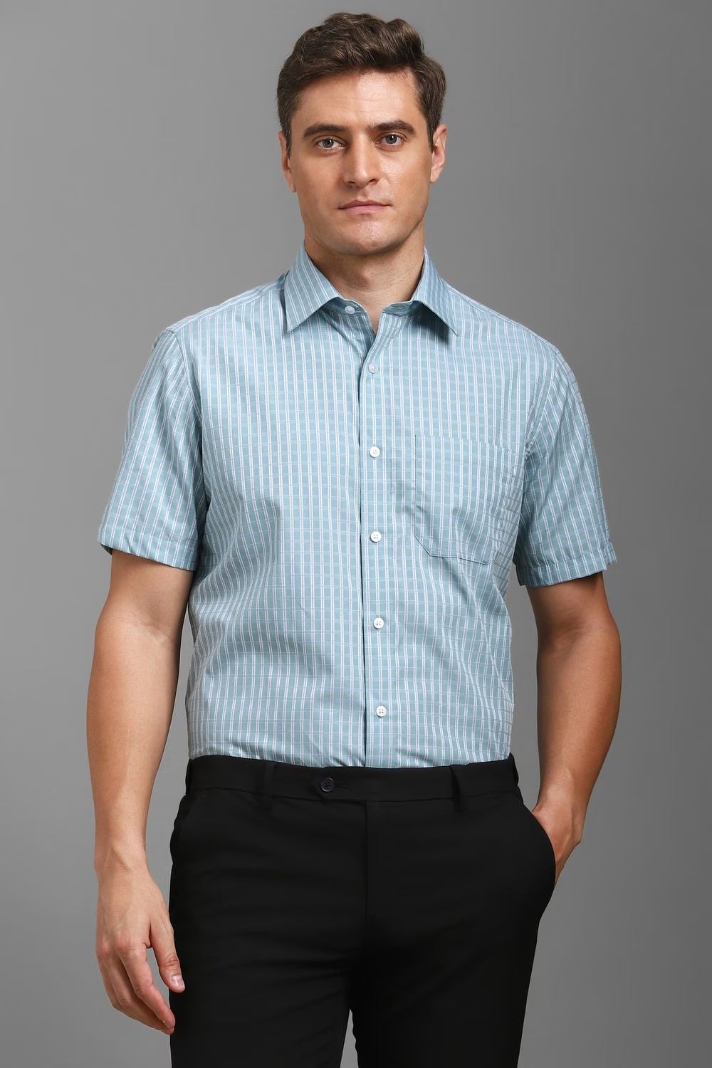 Men Light Blue Classic Fit Check Half Sleeves Formal Shirt-Light Blue
