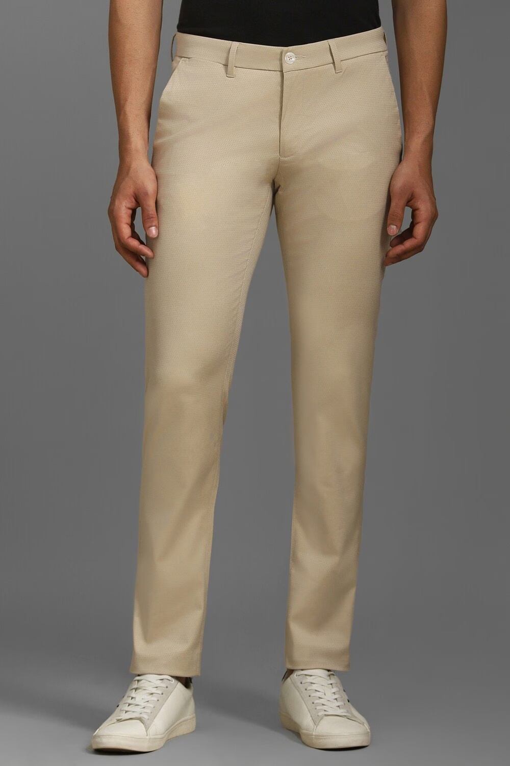 Men Beige Slim Fit Textured Flat Front Casual Trousers-Beige