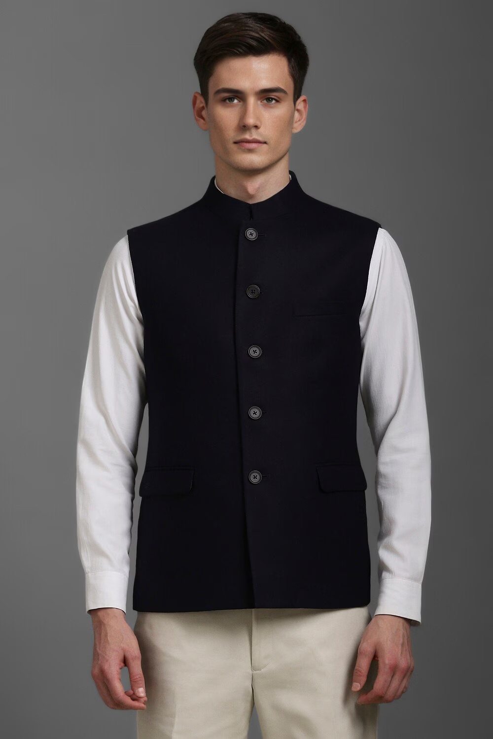 Men Black Solid Slim Fit Casual Nehru Jacket-Black