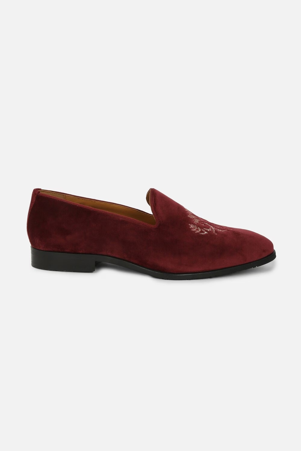 Men Zari Embroidered Velvet Burgundy Slip On Shoes-Burgundy
