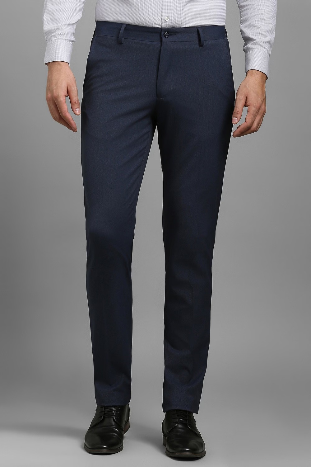 Men Navy Textured Flat Front Formal Trousers-Navy
