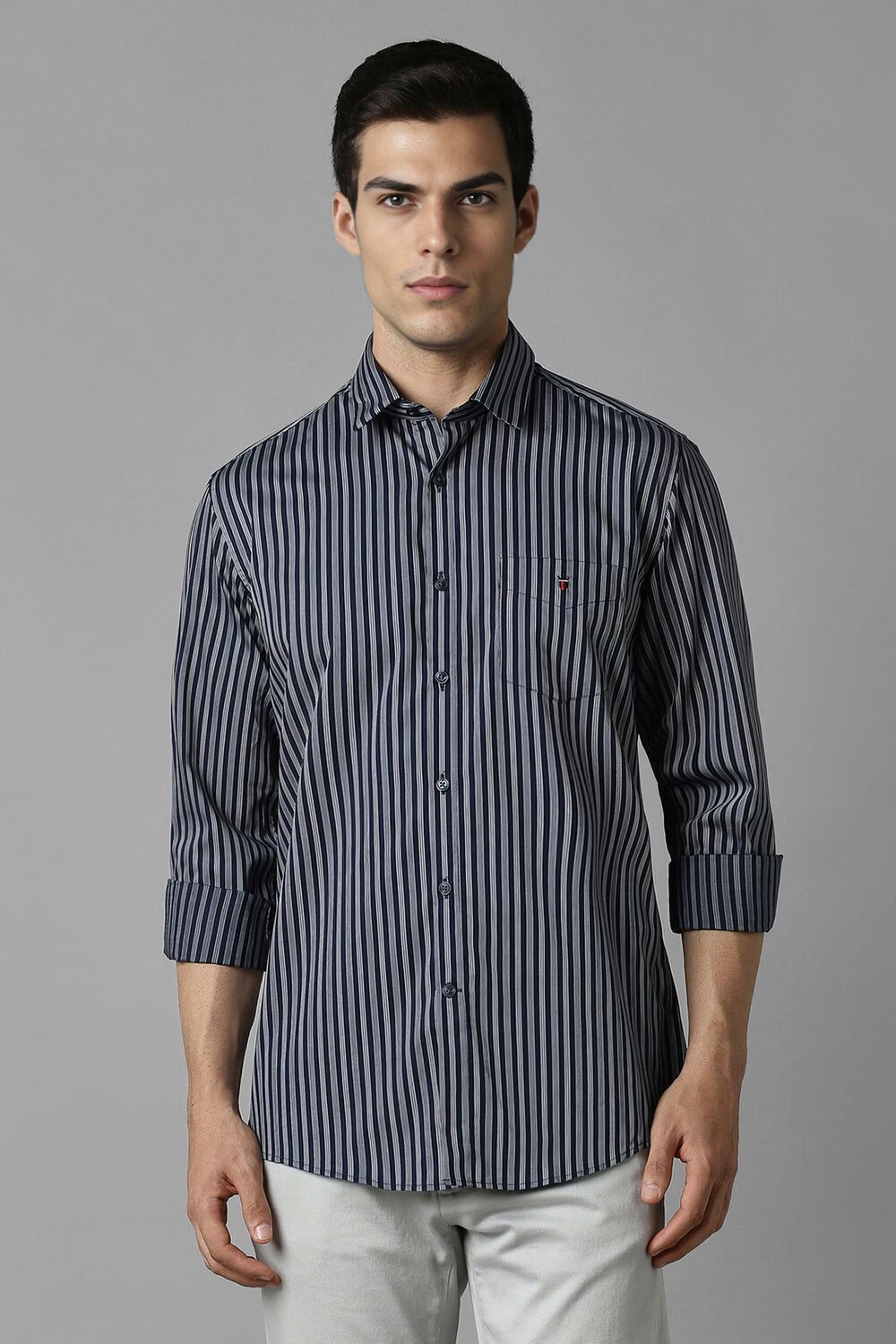 Men Navy Slim Fit Stripe Full Sleeves Casual Shirt-Navy