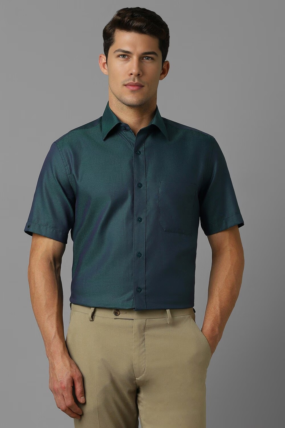 Men Green Classic Fit Textured Half Sleeves Formal Shirt-Green