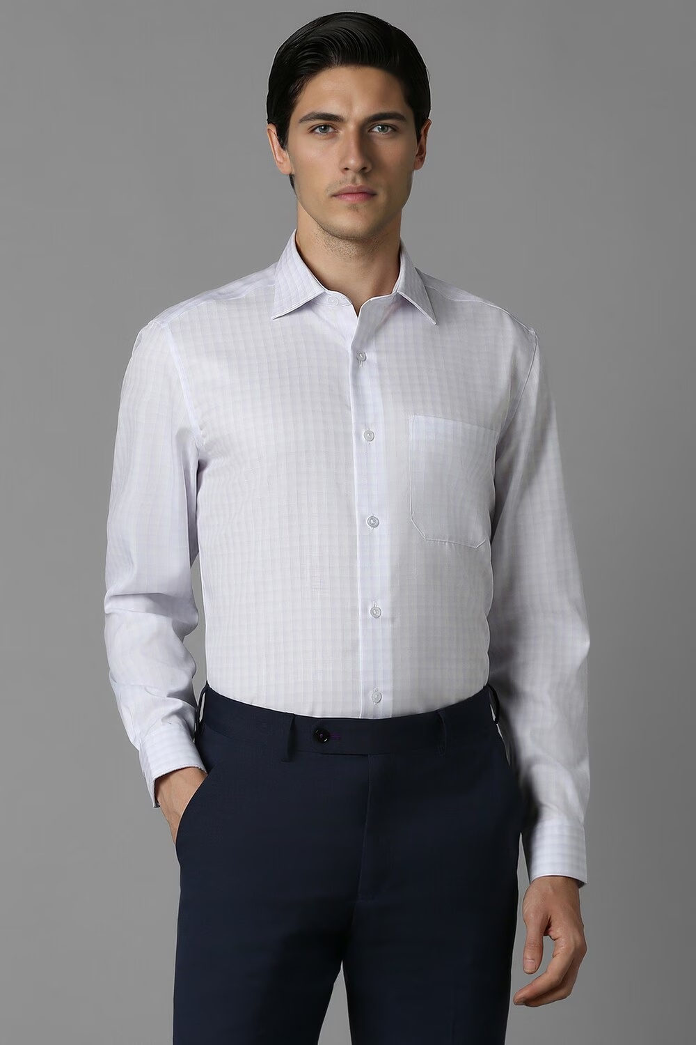Men White Classic Fit Check Full Sleeves Formal Shirt-White
