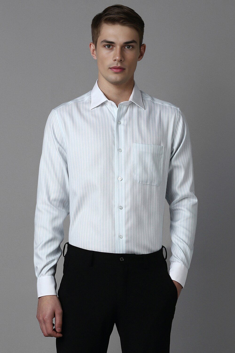 Men Blue Classic Fit Stripe Full Sleeves Formal Shirt-Blue