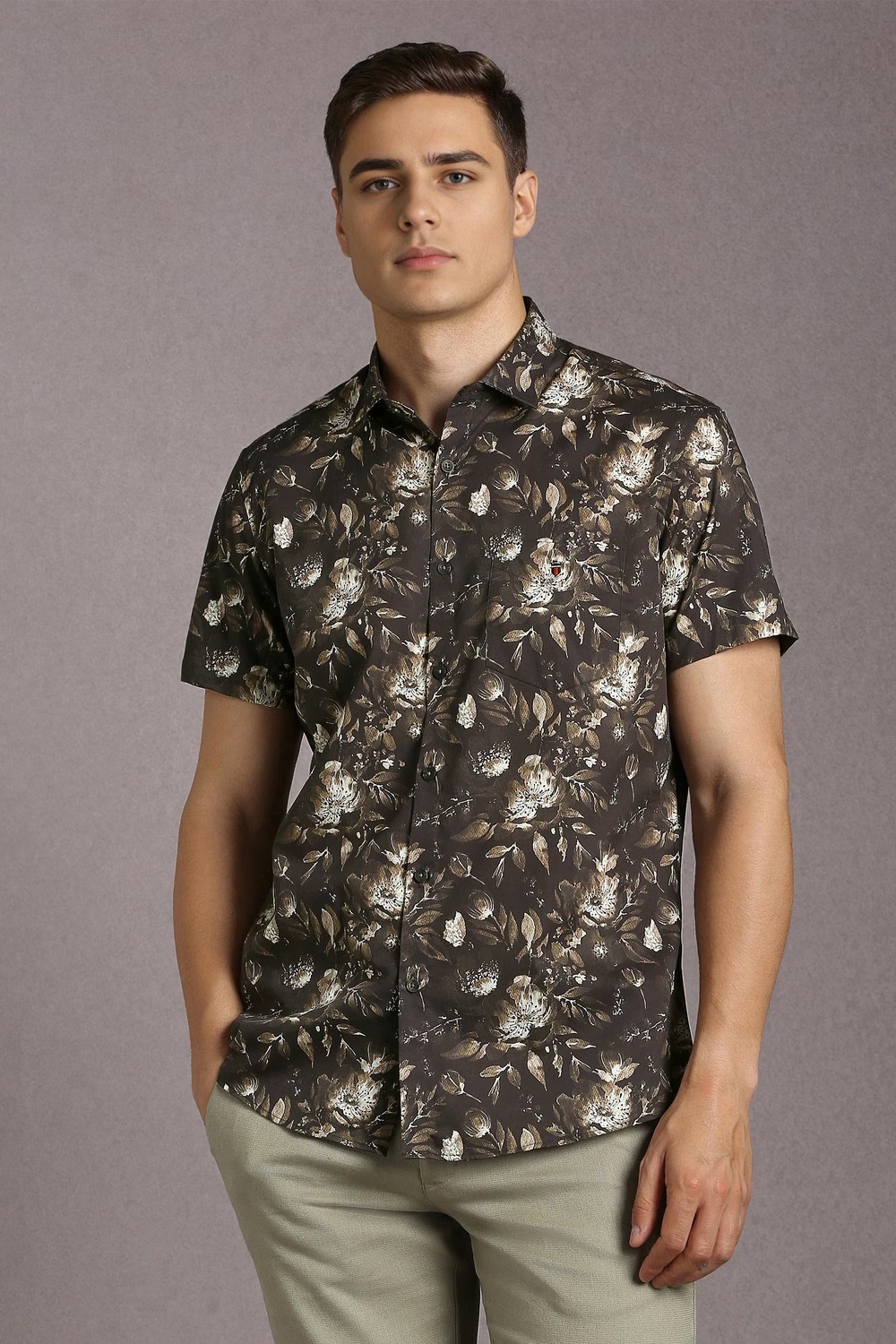 Men Brown Print Half Sleeves Casual Shirt-Brown