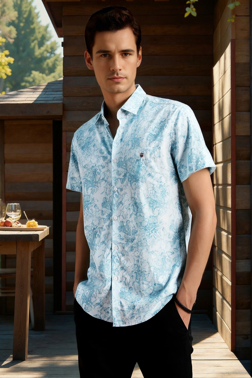 Men Light Blue Slim Fit Print Half Sleeves Casual Shirt-Light Blue