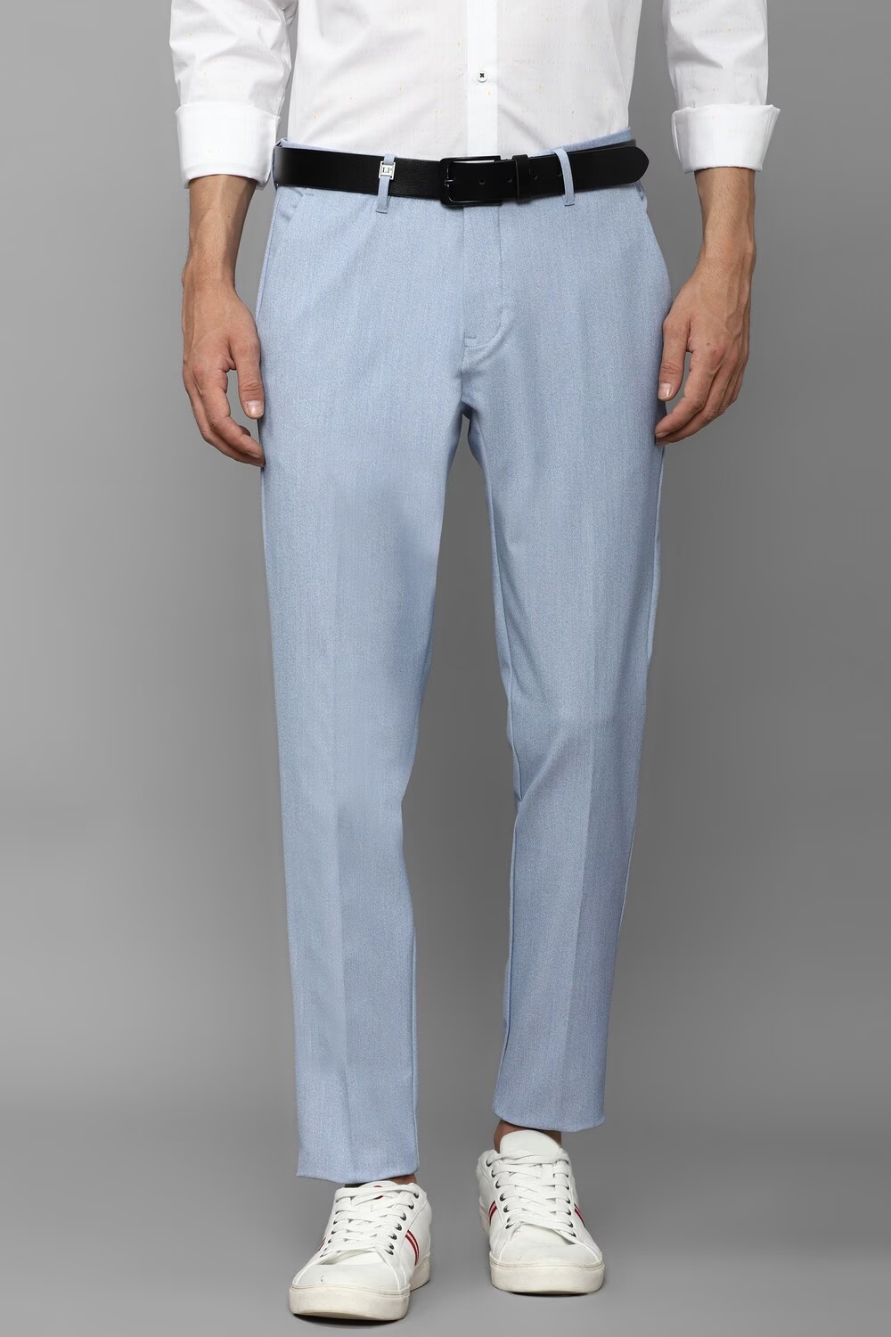 Men Blue Contemporary Fit Solid Flat Front Casual Trousers-Blue