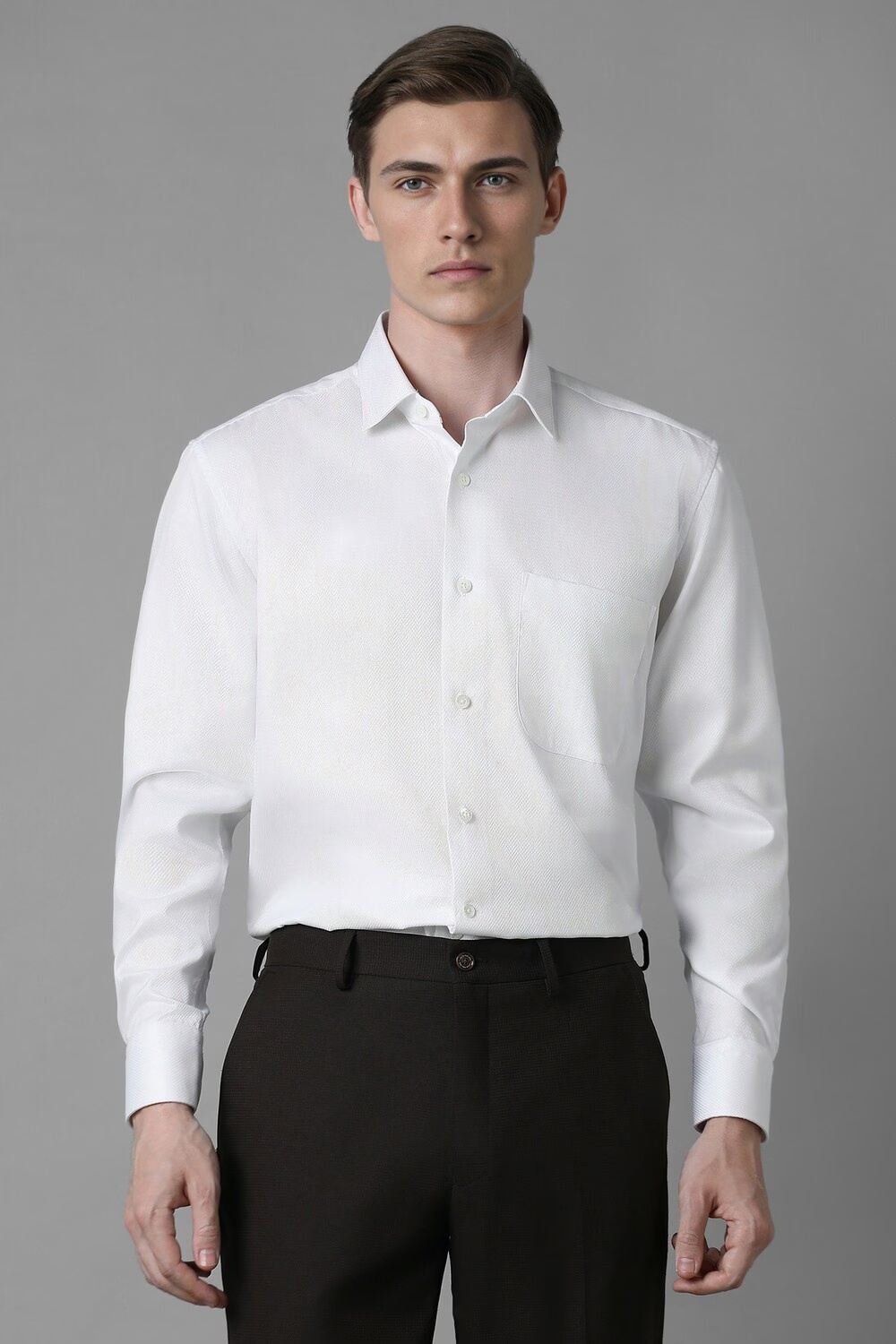 Men White Classic Fit Textured Full Sleeves Formal Shirt-White