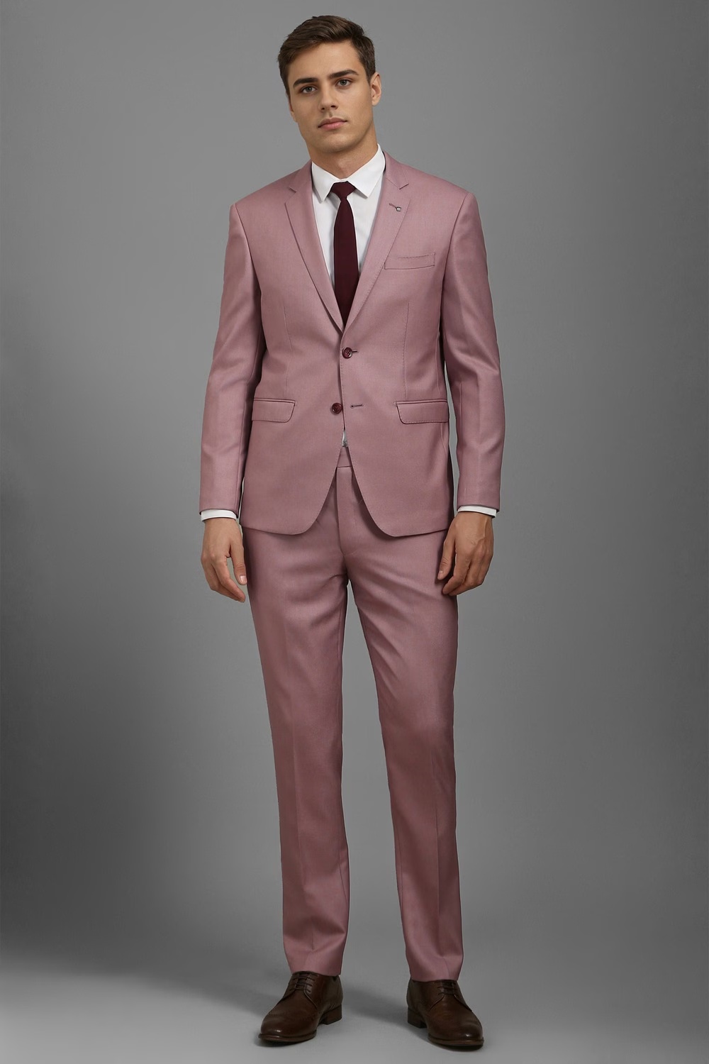 Men Mauve Slim Fit Textured Formal Two Piece Suit-Mauve