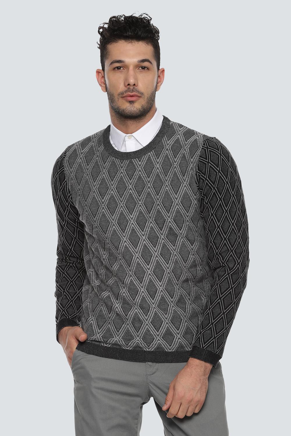 Men Grey Knit Crew Neck Full Sleeves Sweater-Grey