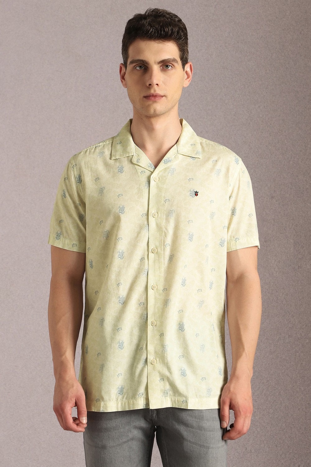 Men Beige Print Half Sleeves Casual Shirt-Beige