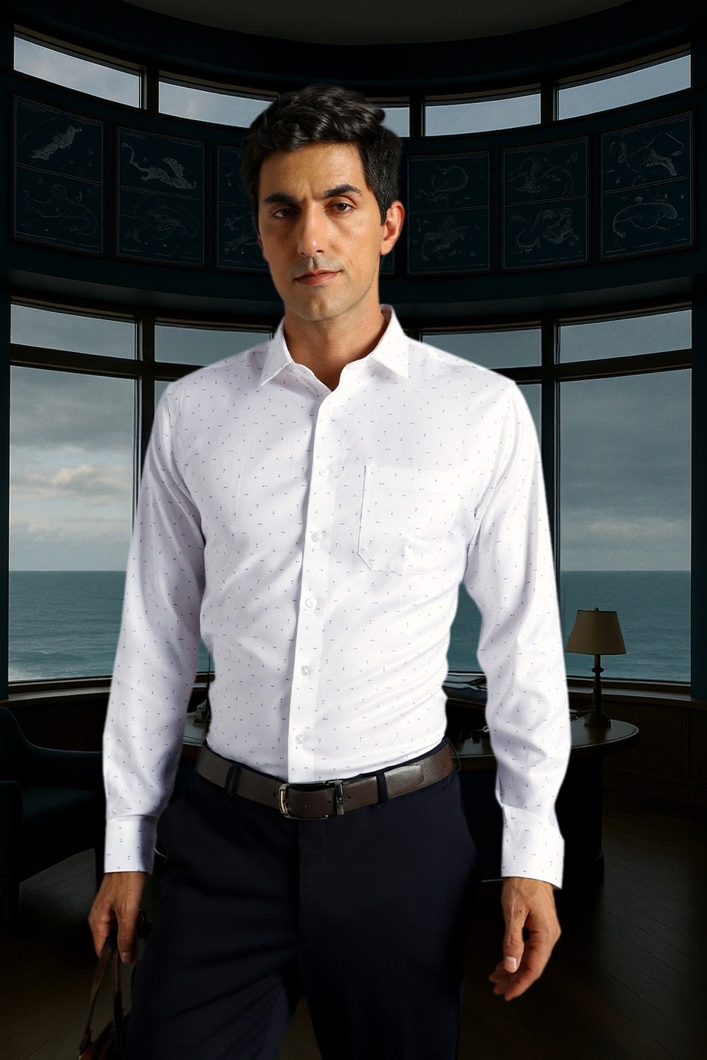 Men White Print Full Sleeves Formal Shirt-White