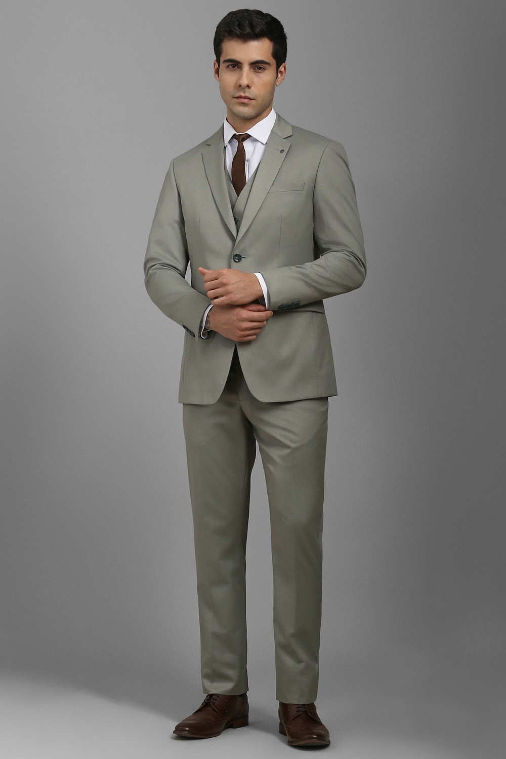 Men Olive Slim Fit Textured Formal Three Piece Suit-Olive
