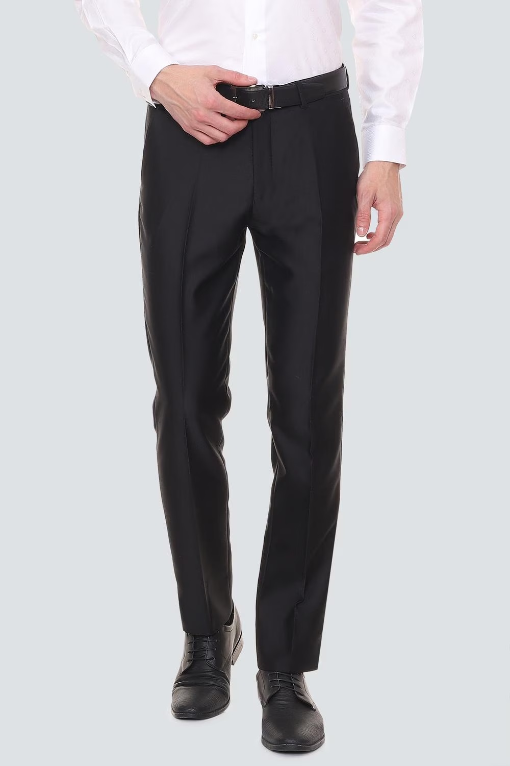 Men Black Slim Fit Textured Flat Front Formal Trousers-Black