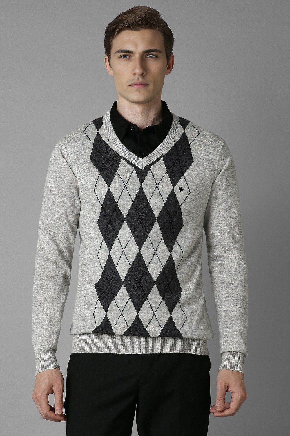 Men Grey Argyle V Neck Full Sleeves Sweater-Grey