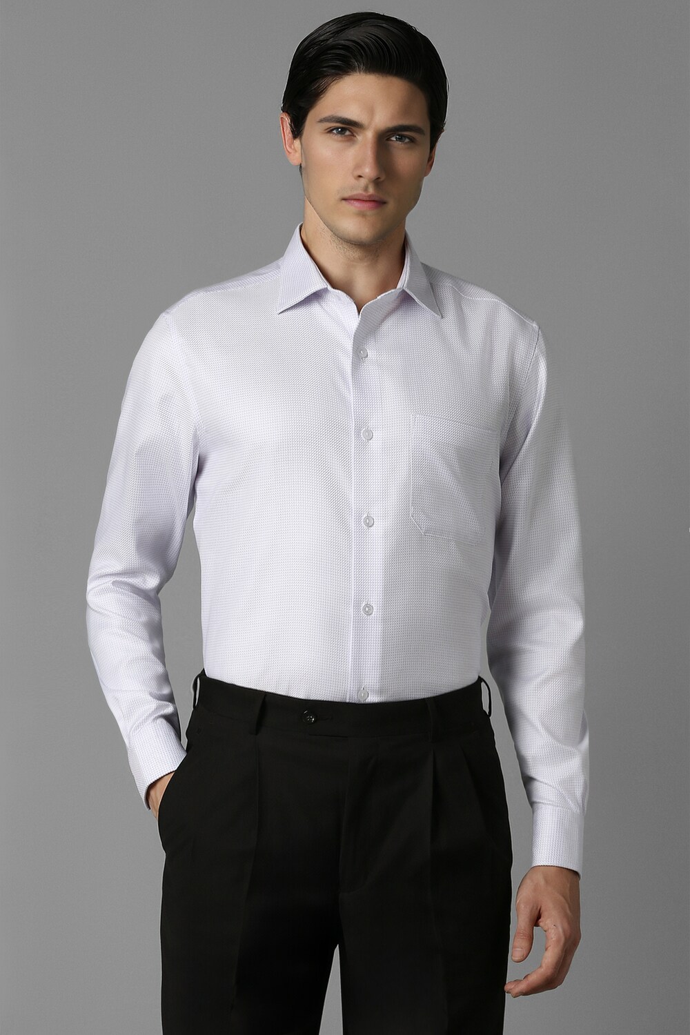Men Grey Classic Fit Textured Full Sleeves Formal Shirt-Grey