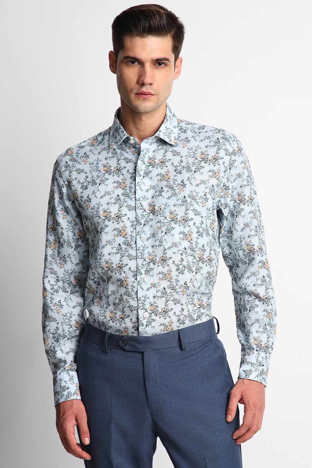 Men Blue Classic Fit Print Full Sleeves Formal Shirt-Blue