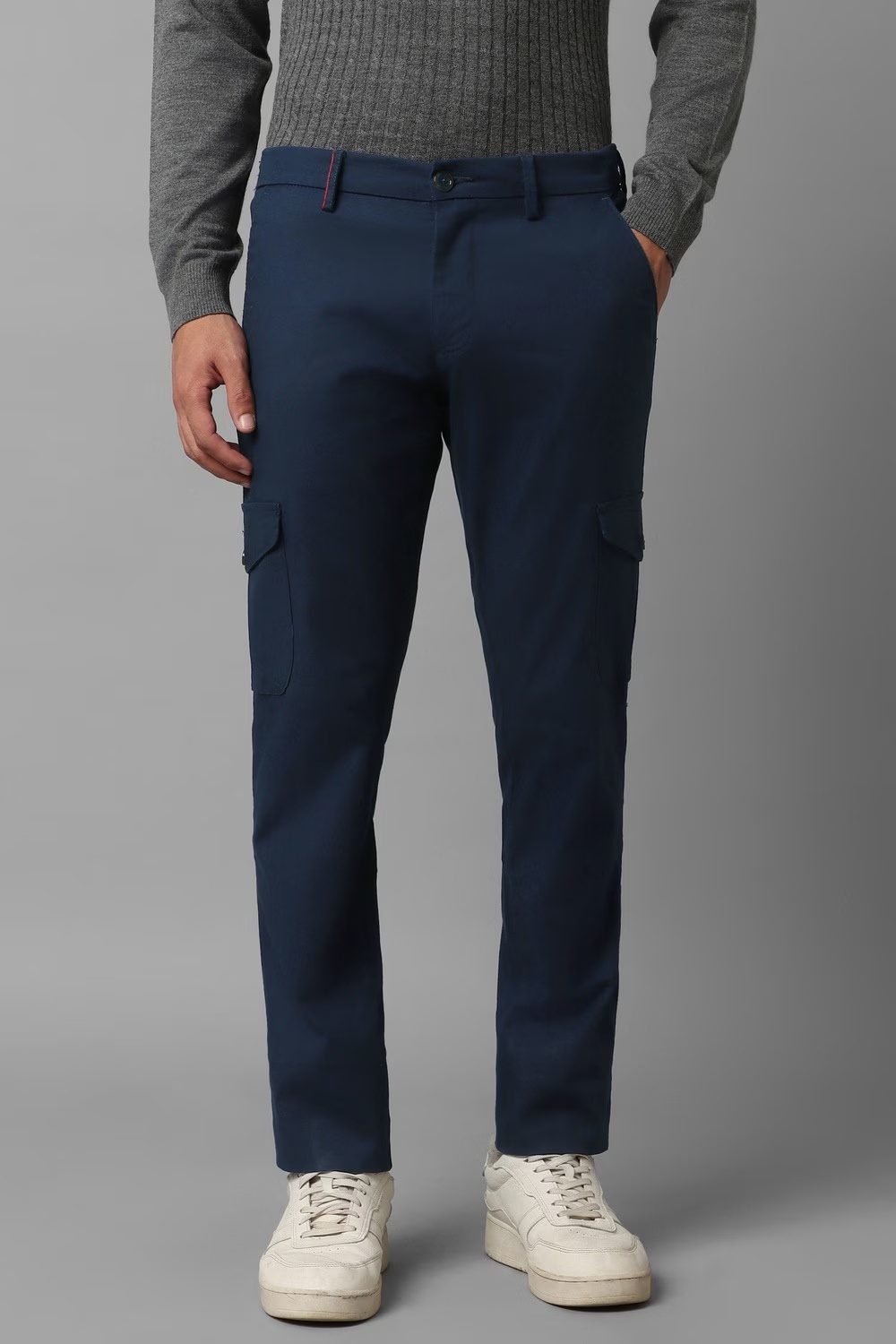 Men Navy Contemporary Fit Textured Flat Front Casual Trousers-Navy