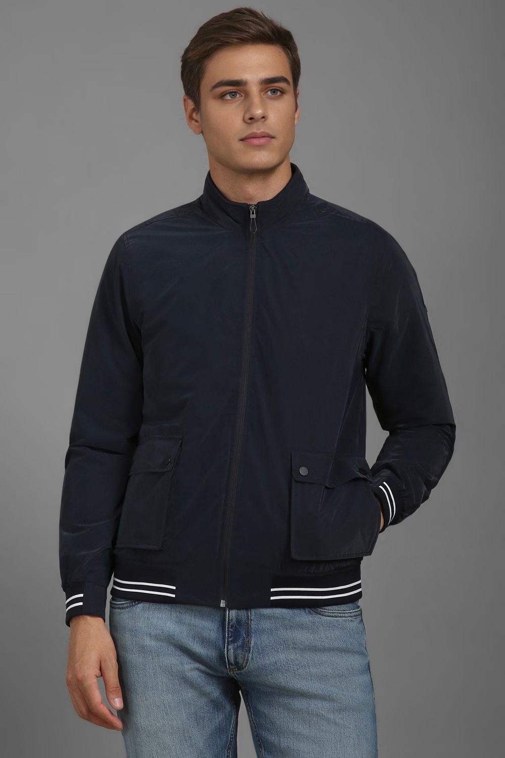 Men Casual Navy Solid Jackets-Navy