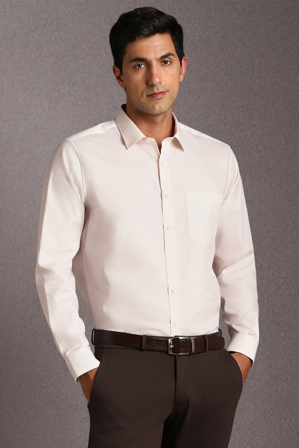 Men Beige Solid Full Sleeves Formal Shirt-Beige