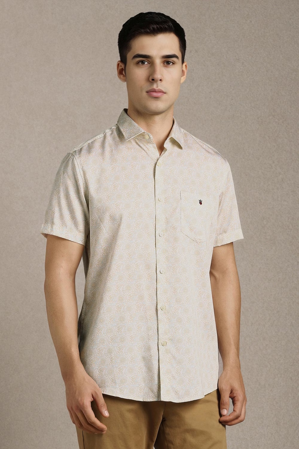 Men Beige Print Half Sleeves Casual Shirt-Beige
