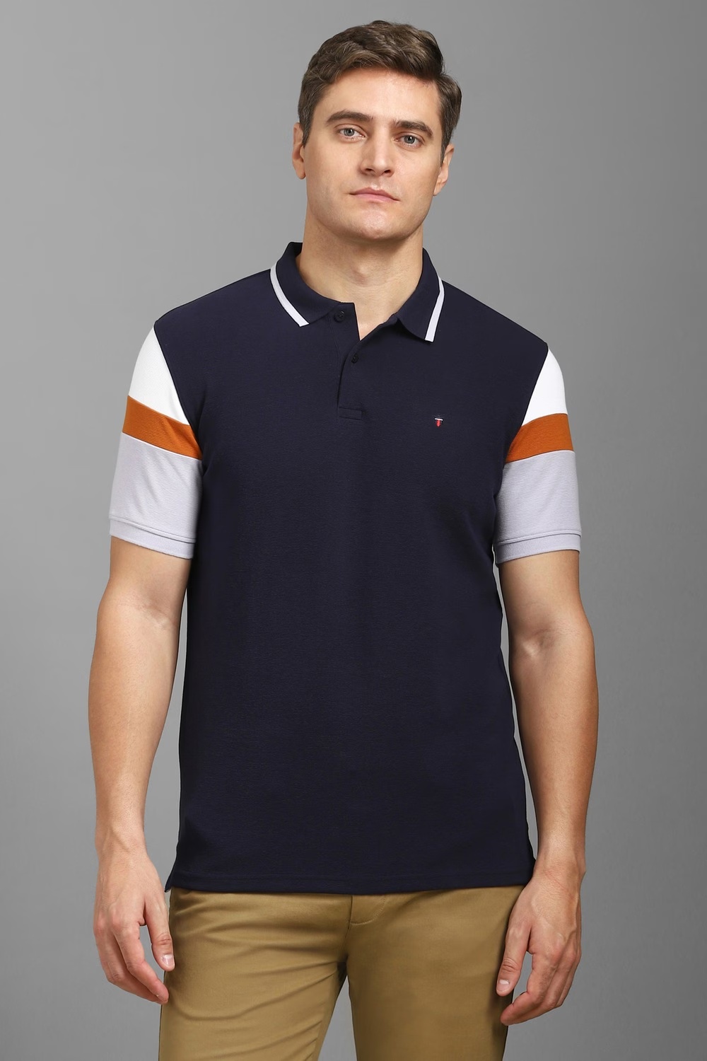Men Navy Print Polo Neck T-shirt-Navy