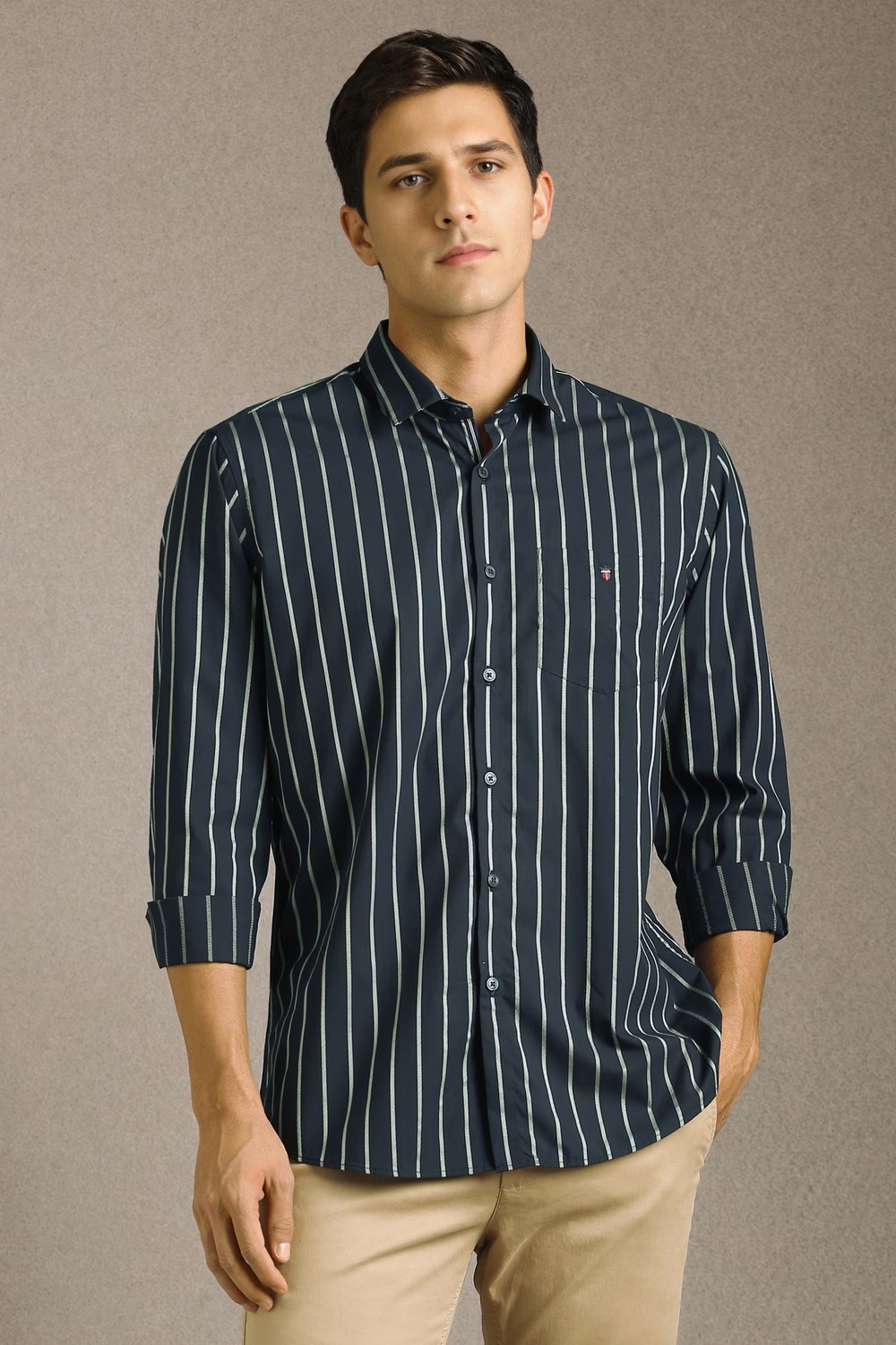 Men Navy Stripe Full Sleeves Casual Shirt-Navy