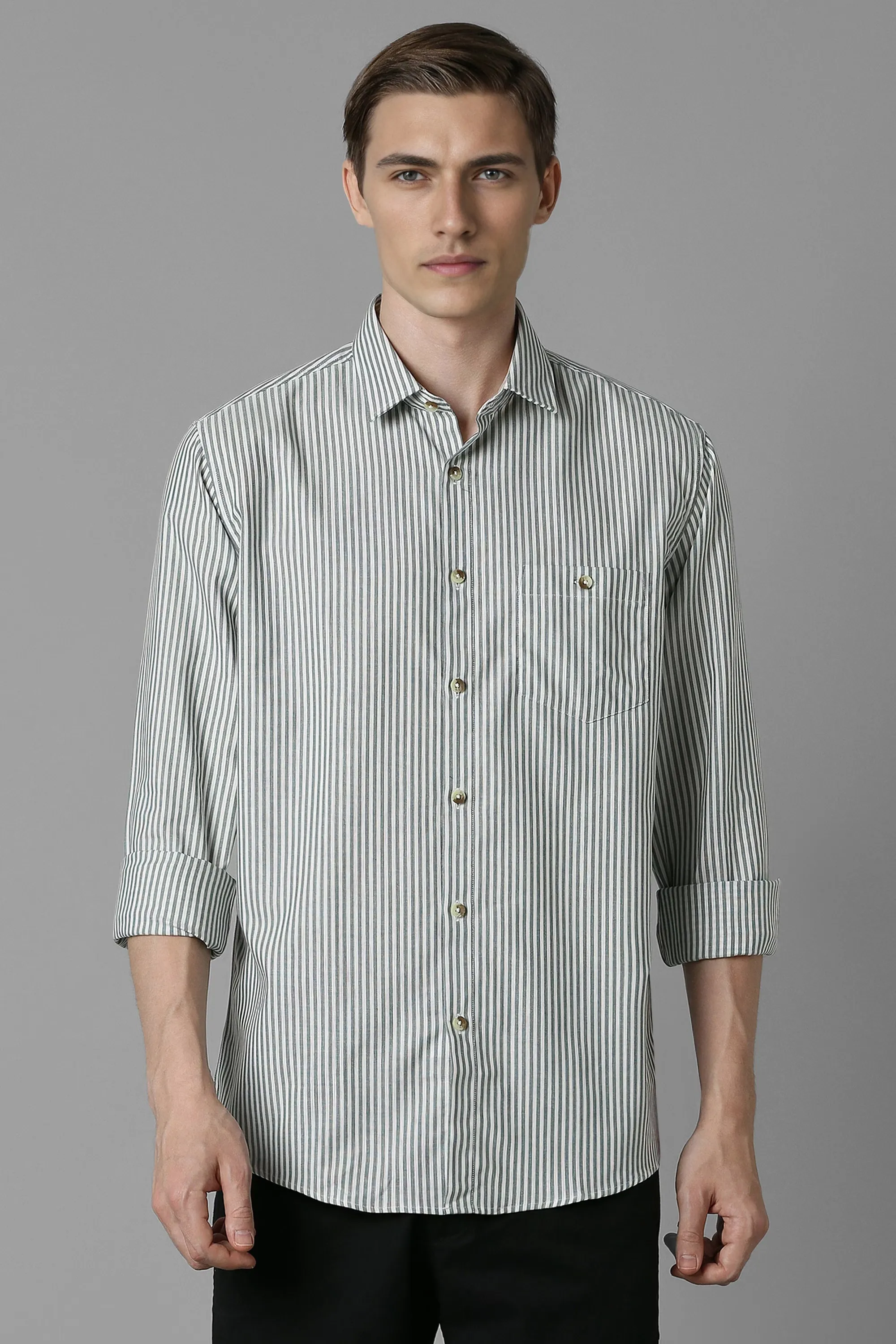 Men Grey Slim Fit Stripe Full Sleeves Casual Shirt-Grey