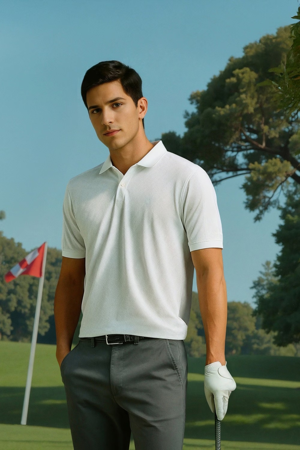 Men White Textured Polo Neck T-shirt-White