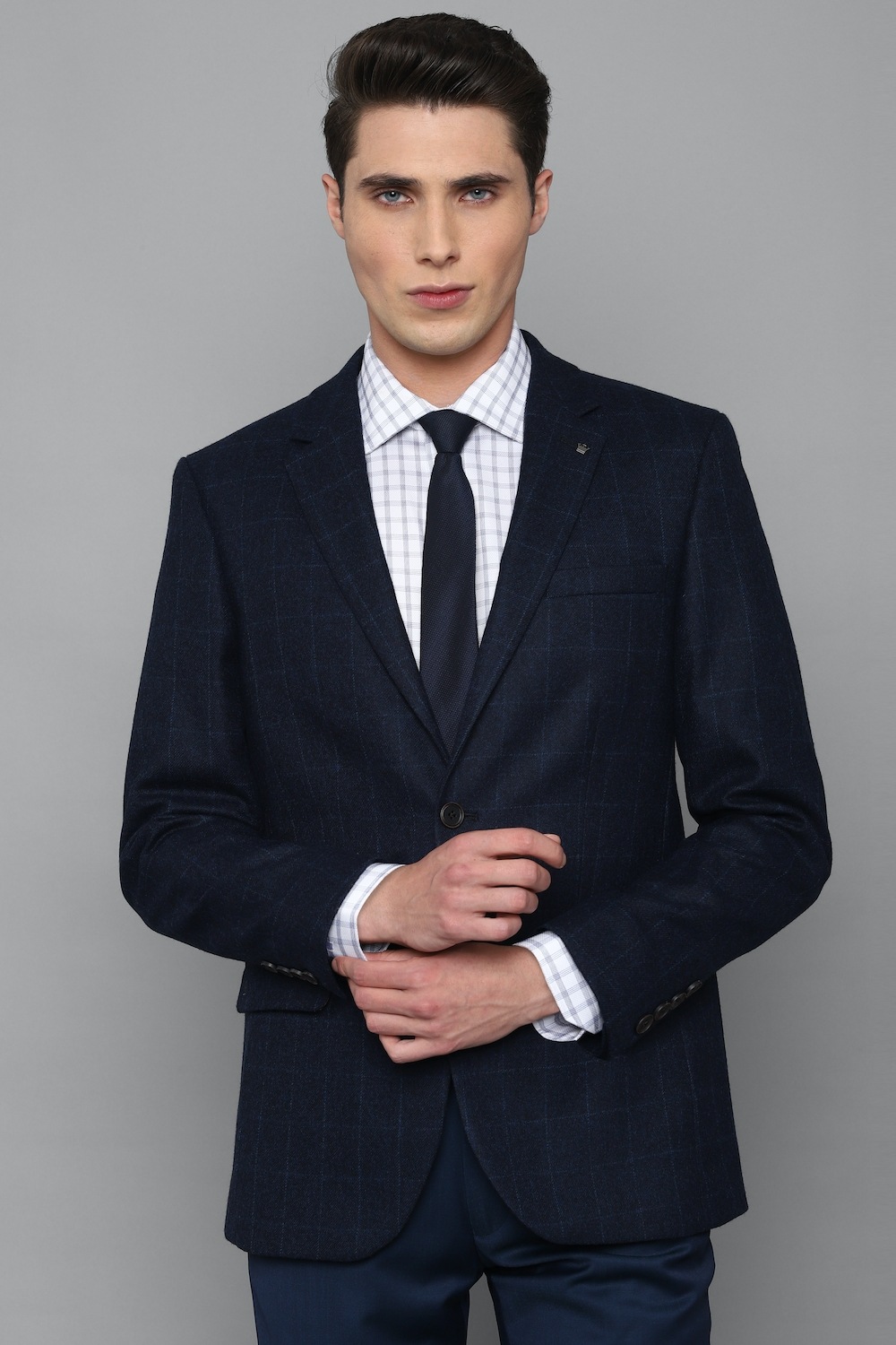 Men Navy Regular Fit Check Formal Blazer-Navy