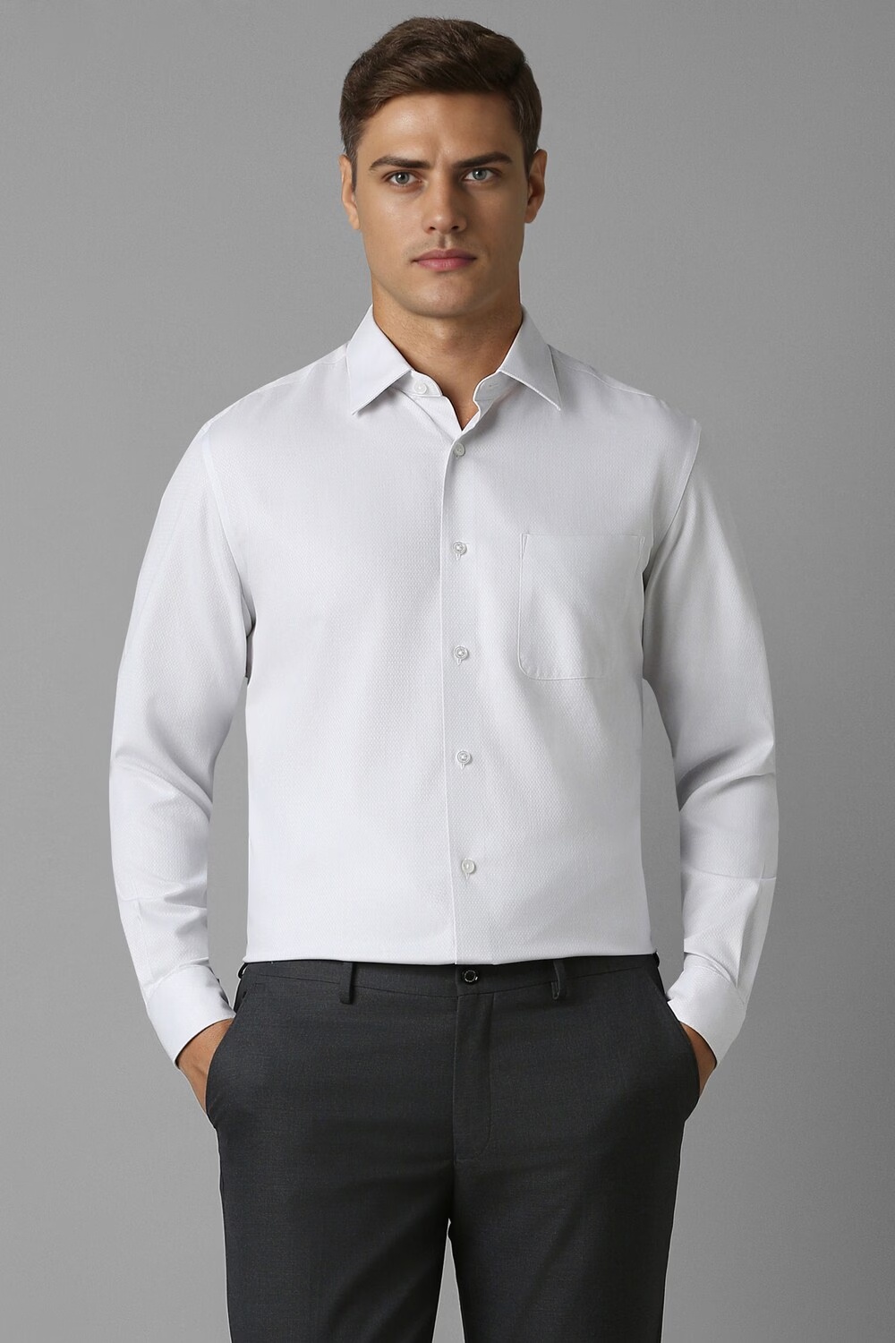 Men White Classic Fit Textured Full Sleeves Formal Shirt-White