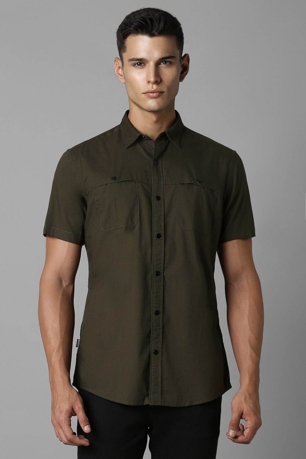Men Olive Slim Fit Solid Half Sleeves Casual Shirt-Olive