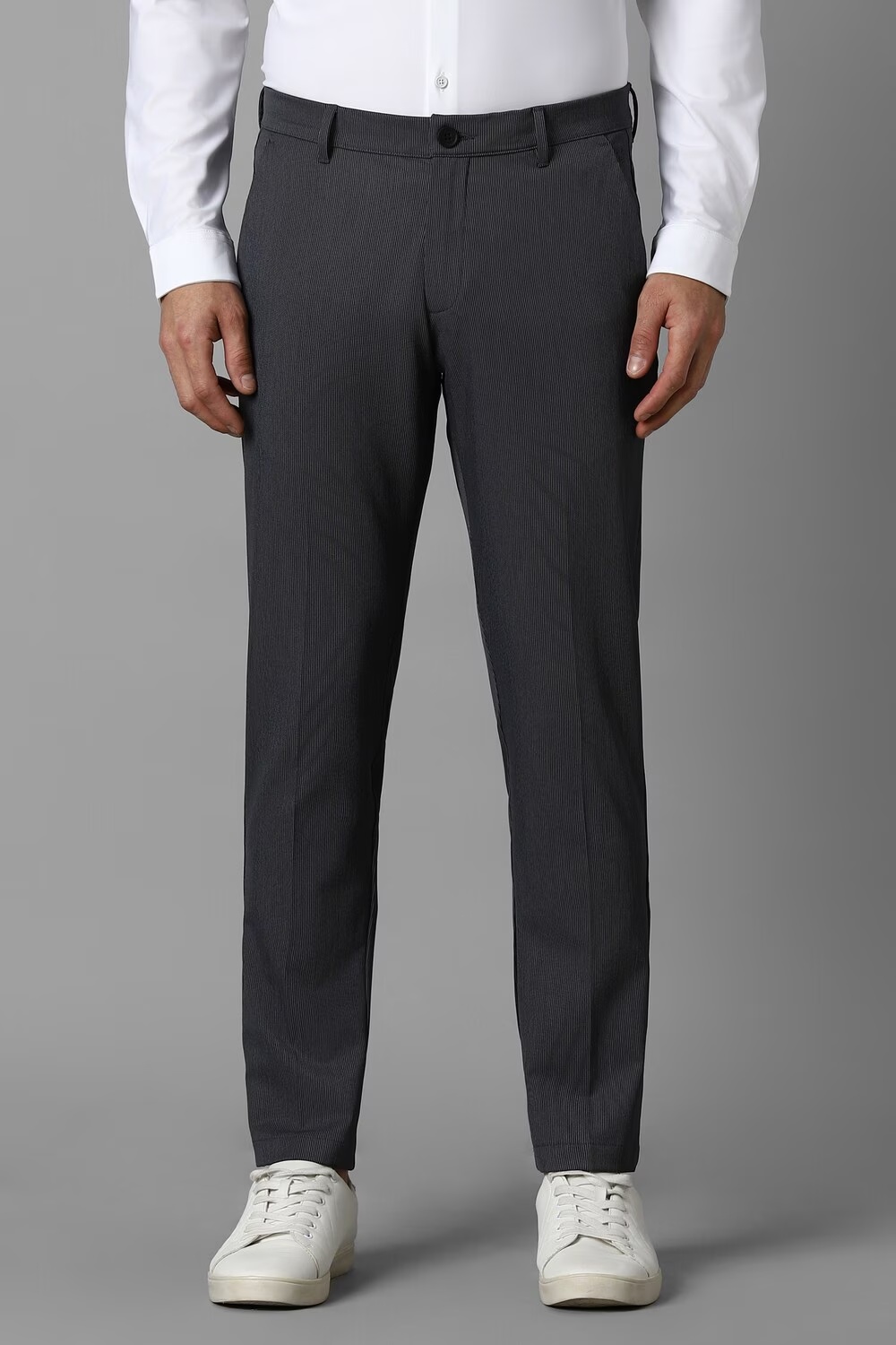 Men Grey Contemporary Fit Stripe Flat Front Casual Trousers-Grey