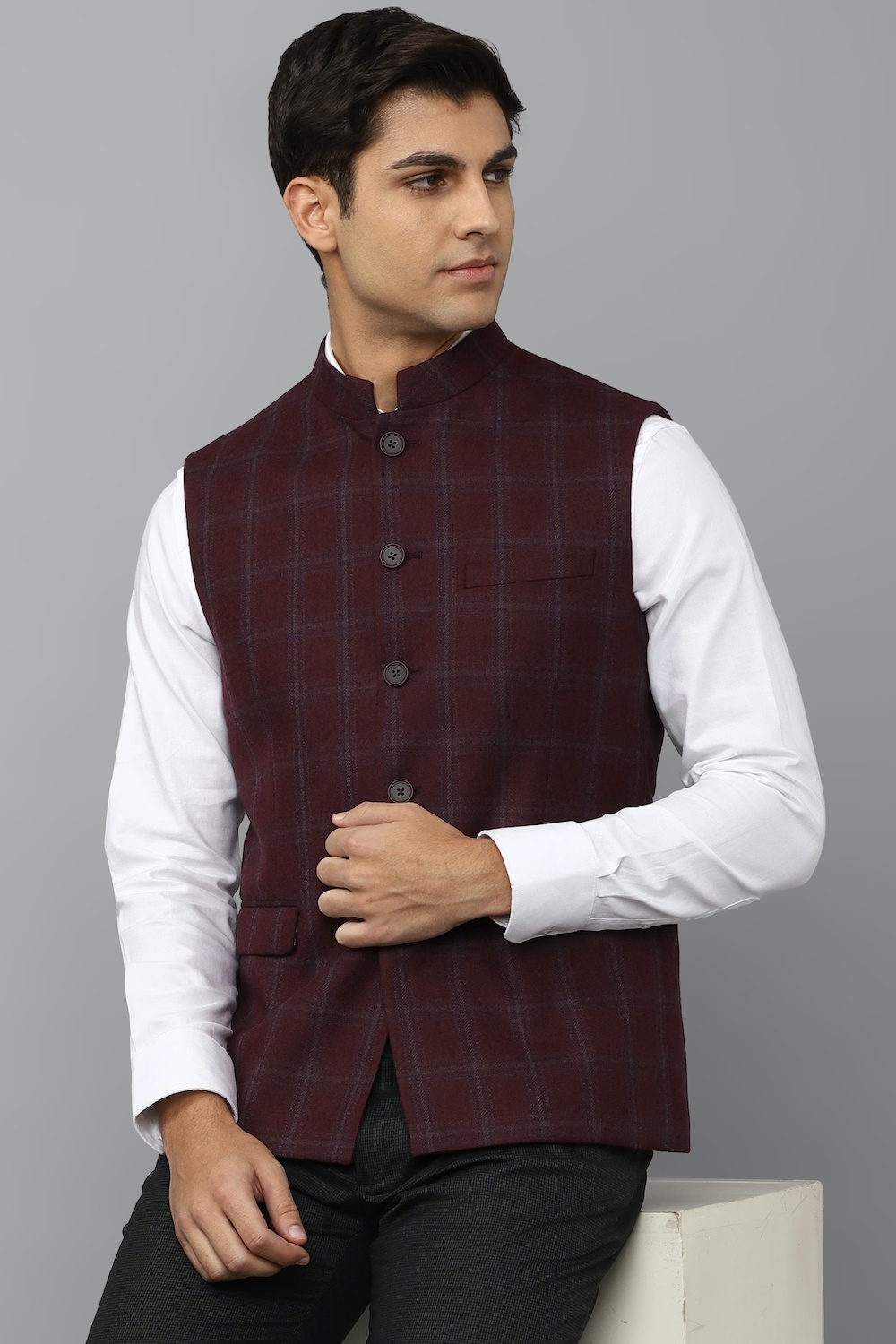 Men Brown Check Slim Fit Party Nehru Jacket-Brown