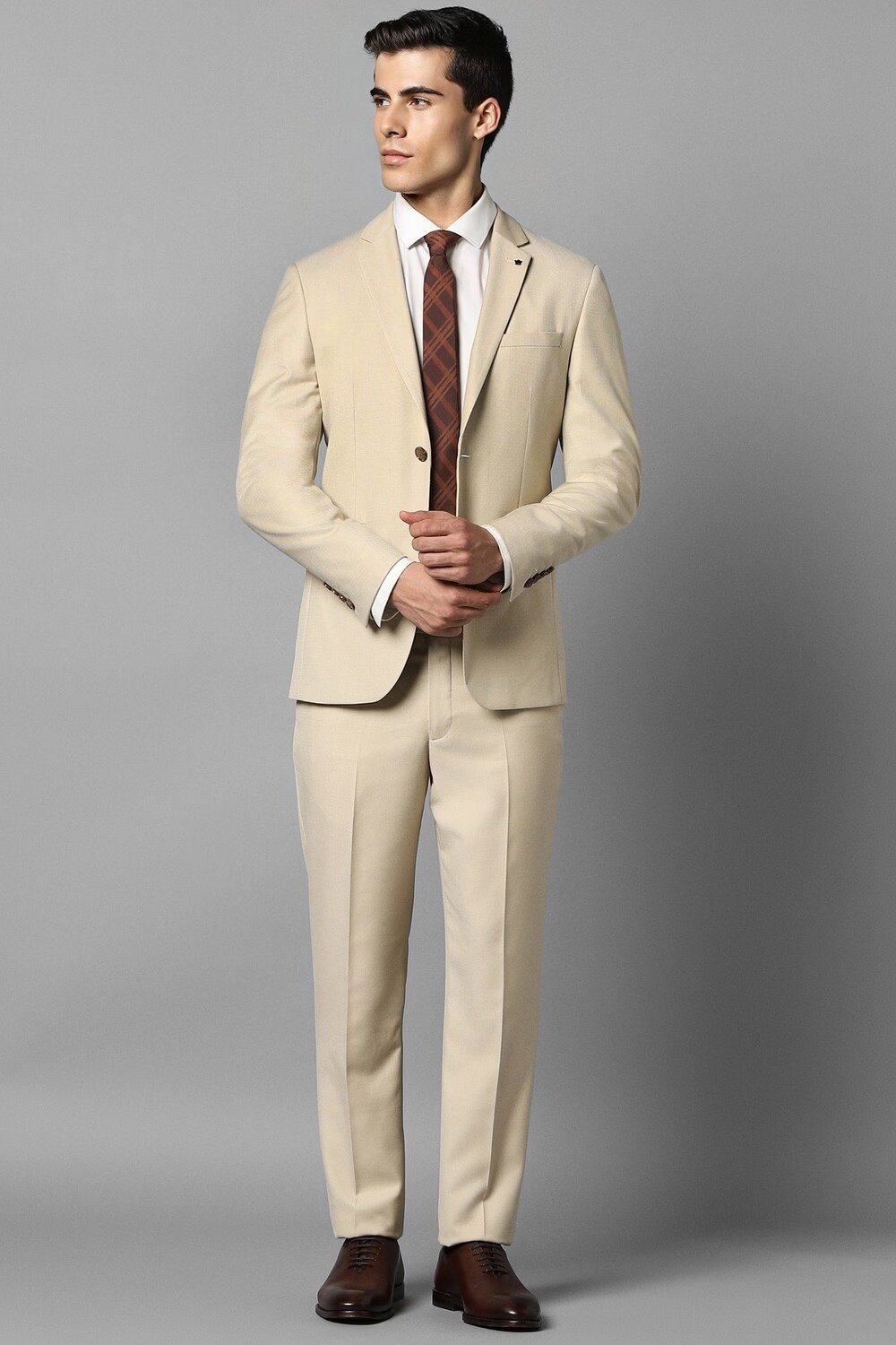 Men Beige Slim Fit Textured Formal Two Piece Suit-Beige
