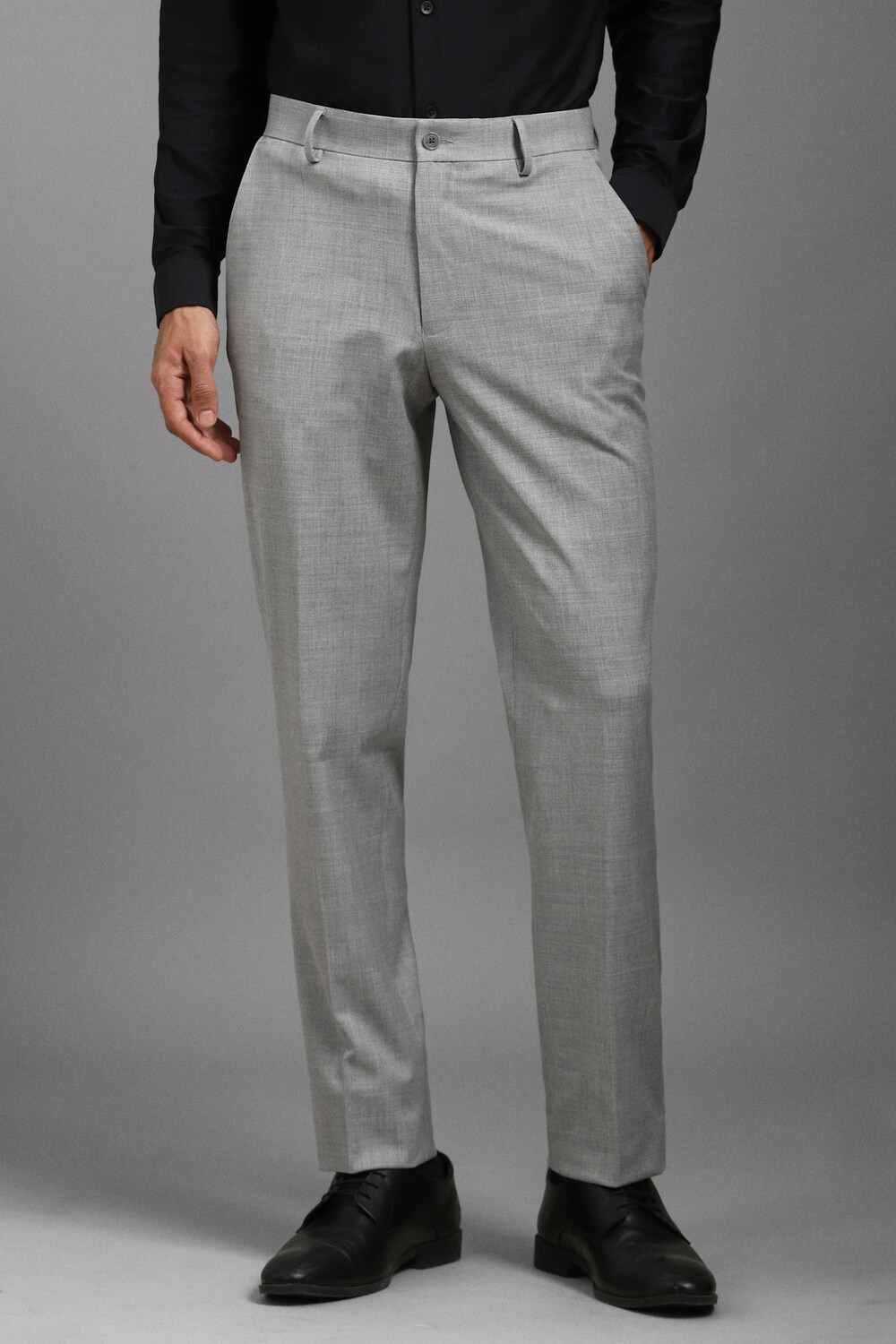 Men Grey Slim Fit Textured Flat Front Formal Trousers-Grey