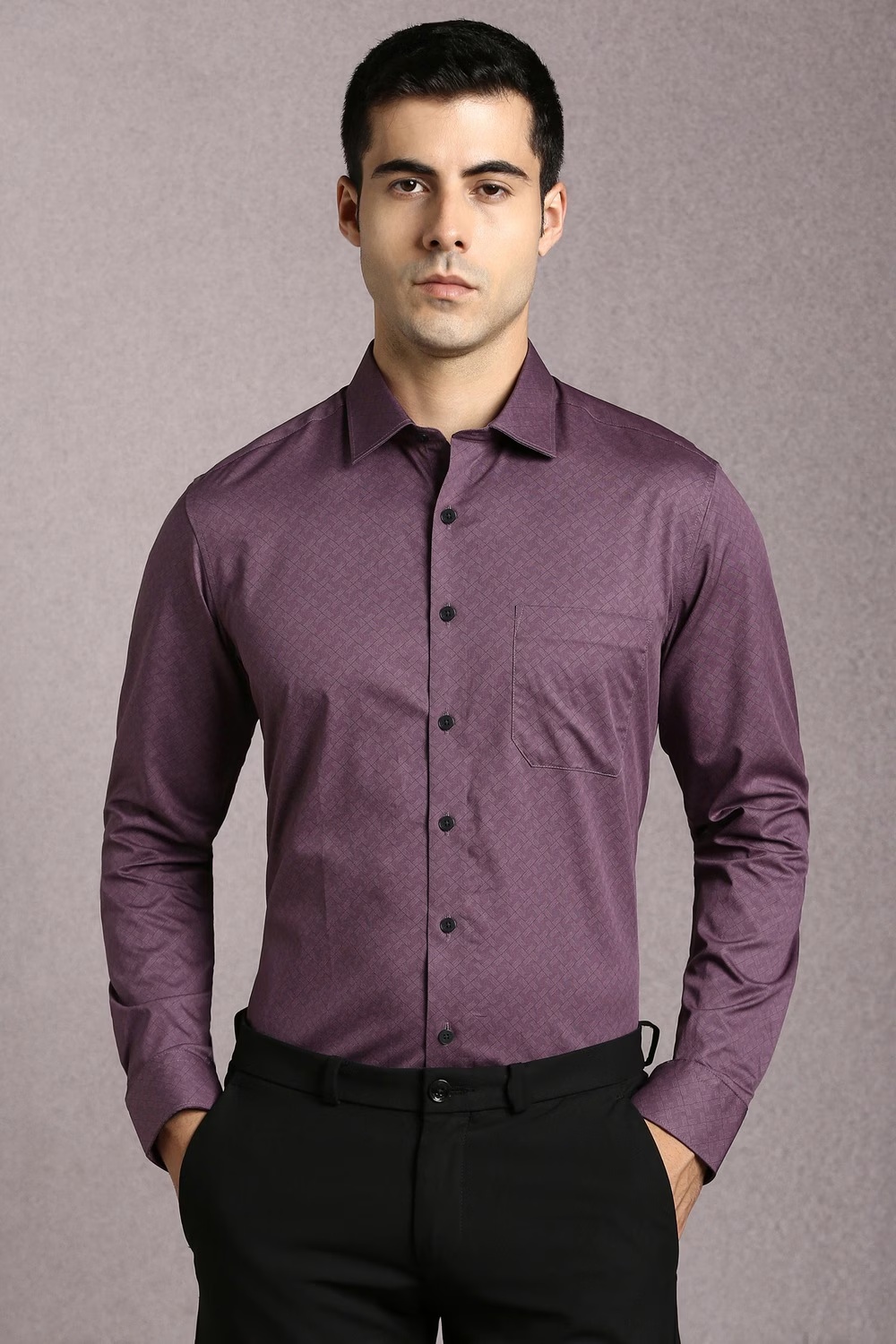 Men Purple Print Full Sleeves Formal Shirt-Purple