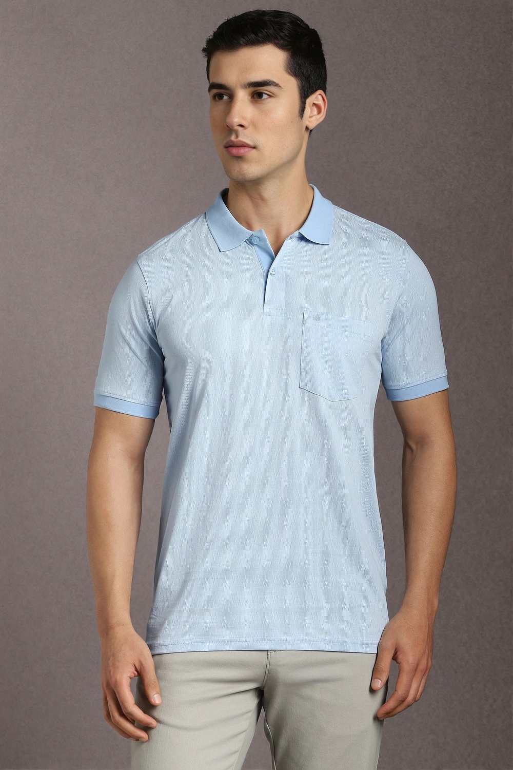 Men Light Blue Print Polo Neck T-shirt-Light Blue