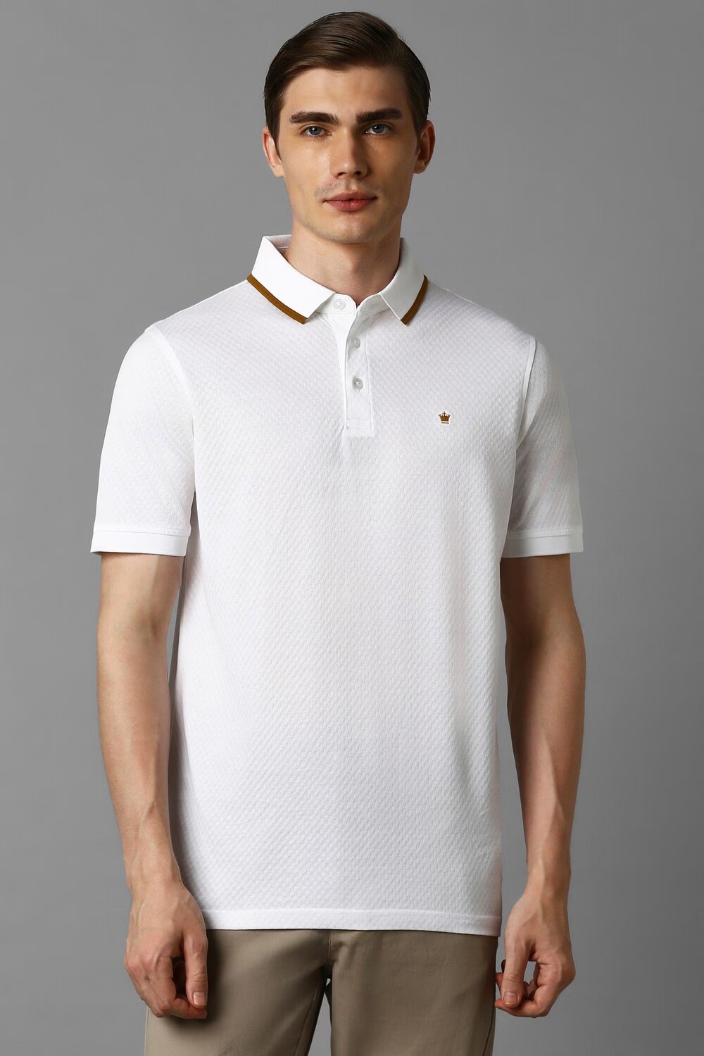 Men White Textured Polo Neck T-shirt-White