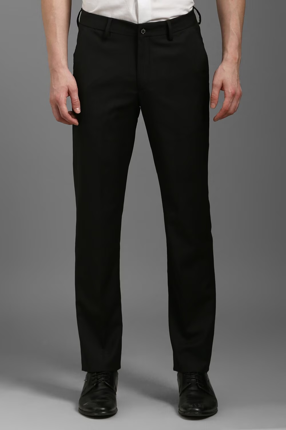 Men Black Slim Fit Textured Flat Front Formal Trousers-Black